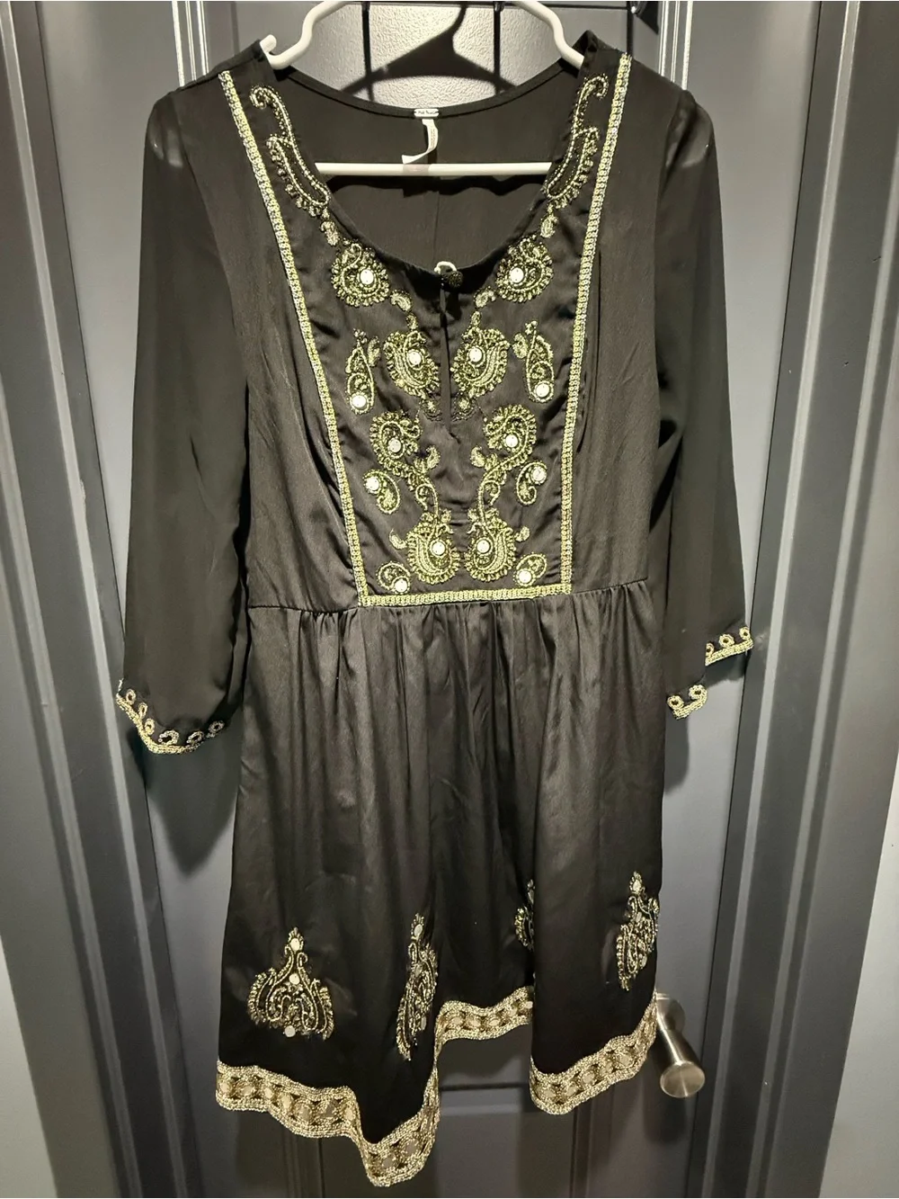 Free People Black Mini Dress with Gold Embroidery
